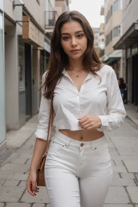 ((best quality)), ((master part)), (circunstanciado), 
foto extremamente detalhada
rosto perfeito
morena com pele mais clara com olhos castanhos claros, She is wearing a white blouse and jeans, a clean face, walking down the street holding a bag