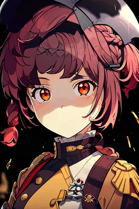 fluffy hair,Red hair,((Braided shorthair)),Slightly red tide,((Gold eyes)),(gloomy rainy meadow),((rifle or handgun)),(Rainy meadow with a warm and modern atmosphere),(Black military uniform),Staring at me, Smile with a kind face, ((drooping eyes)), 9 grid...