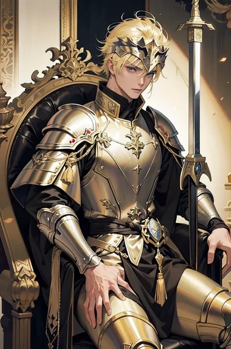 A 30 year old emperor, in full plate metal armor, sitting in his throne, light blonde hair, wielding a powerful large enchanted sword, has a battle helmet, prepared for war.