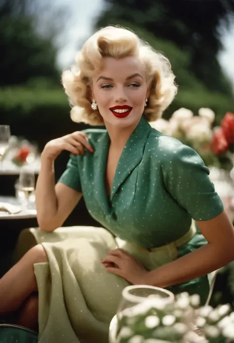 A photo of Marilyn Monroe in a chic 1950s-style outfit, sipping on a glass of champagne at a rooftop garden party,original,Marilyn Monroe has bleached blonde hair, plump red lips and a mole on the upper corner of her lip on the right side of her cheek. , f...