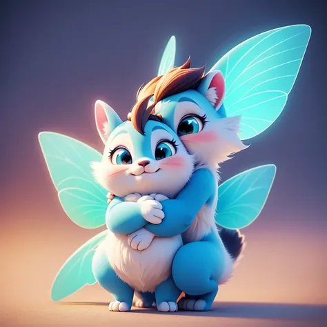 Draw evening hugs, funny and cute animals hugging, fluffy cute animals, hugging kind wild animals, Pixar 3D style, Very high detail, fairy park, bright colors in Disney style