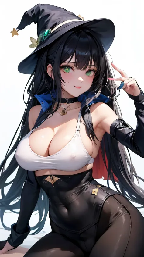 outfit-stretching, yoga pants, 1girl, twintails, long hair, witch hat, pantyhose,gloves, black hair, choker, jewelry, cape, gold trim, blue leotard,earrings, detached sleeves, star (symbol), hat ornament, green eyes, fur collar, parkle print, sorriso sexy,...