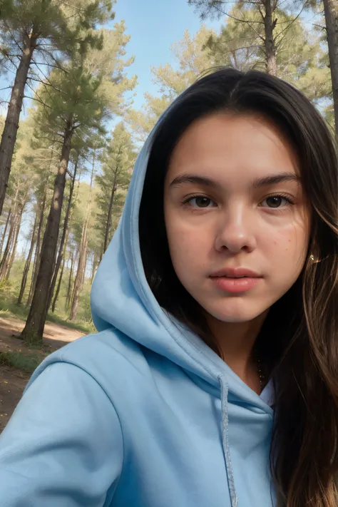 Polaroid style, snapshot, ((selfie)) of 16yo Olivia Rodrigo with (acne) and ruffled hair dressed in hoodie inside summer European forest, light and shadows, summer day, daylight, sunlight coming from front-right, noon, extremely detailed skin, skin acne, e...