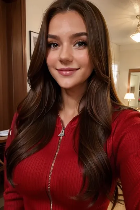 long full hair, small boobs, red pullover, no cut outs, taking a selfie, dark blonde hair, brown eyes, upper body, full lips, realistic, smiling