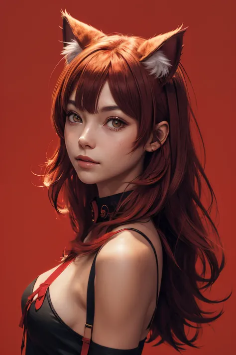 1girl, cat ears, fluff, simple background, (red theme), (gold:0.9), (masterpiece, highest quality:1.18), cg, 8k, extreme quality, stylebuff