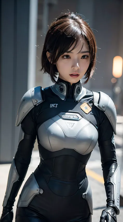 (a closeup:1.4)、(Raw photography:1.2)、(Photorealsitic:1.4)、(​masterpiece:1.3)、(top-quality:1.4)、Woman standing in front of a group of robots、beautiful android woman、Beautiful Female Soldier、Girl in suit、complex combat uniform、beautiful young  japanese woma...