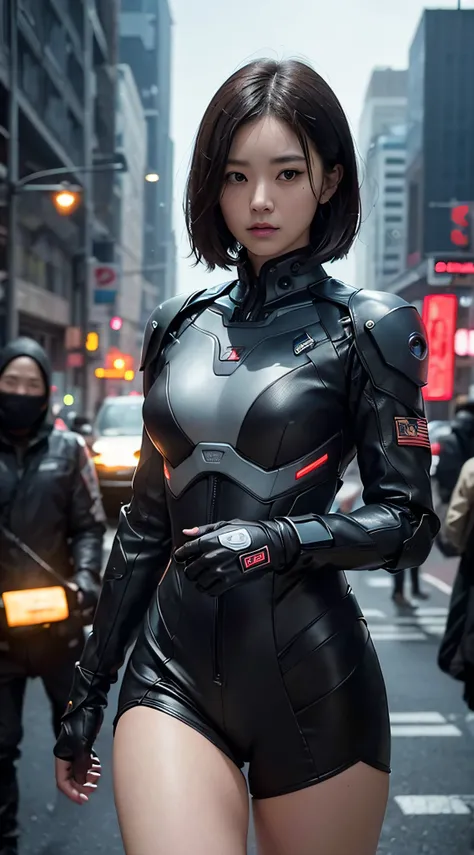 (a closeup:1.4)、(Raw photography:1.2)、(Photorealsitic:1.4)、(​masterpiece:1.3)、(top-quality:1.4)、Woman standing in front of a group of robots、beautiful android woman、Beautiful Female Soldier、Girl in suit、complex combat uniform、beautiful young  japanese woma...