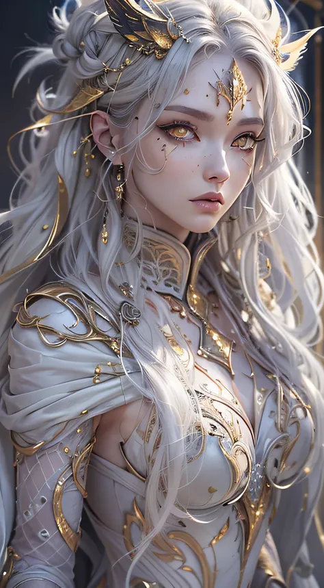 (((masterpiece))), (((best quality))), ((ultra-detailed)), (hyperrealistic), (highly detailed CG illustration), ((an extremely delicate and beautiful)),absurdres, yellow eyes , white hair, long hair, beautiful alluring young female, entrancing, enticing, C...