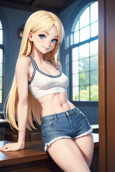 (best-quality:0.8), (masterpiece), very pale skin, long blonde hair, light blue eyes, feminine, freckles, petite, lean body, indoors, denim shorts, tight crop top, small breasts, cleavage, smiling, flirty face