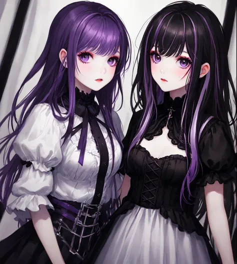 [(pale girl teenager) (medium length black hair with layers and purple highlights) (black eyes) (gothic style)]