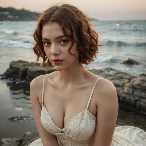 handsome girl, red short curly hair, Green big eyes, red-lips, in a cream lace long dress with a vintage style cutout, Victorian classic, gracefully fits a chic figure. Girl sitting on a rock on the ocean shore, night time, soft light of the moon and lante...