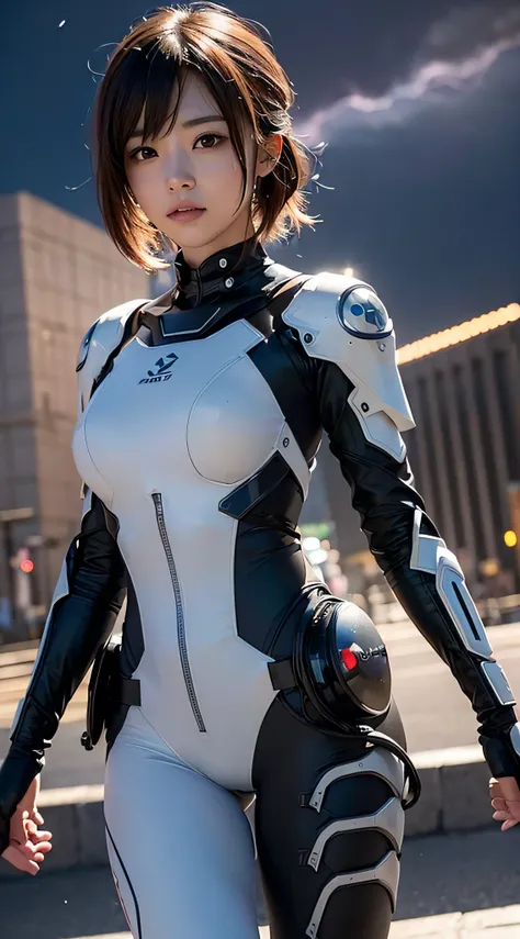 (a closeup:1.4)、(Raw photography:1.2)、(Photorealsitic:1.4)、(​masterpiece:1.3)、(top-quality:1.4)、Woman standing in front of a group of robots、beautiful android woman、Beautiful Female Soldier、Girl in suit、complex combat uniform、beautiful young  japanese woma...