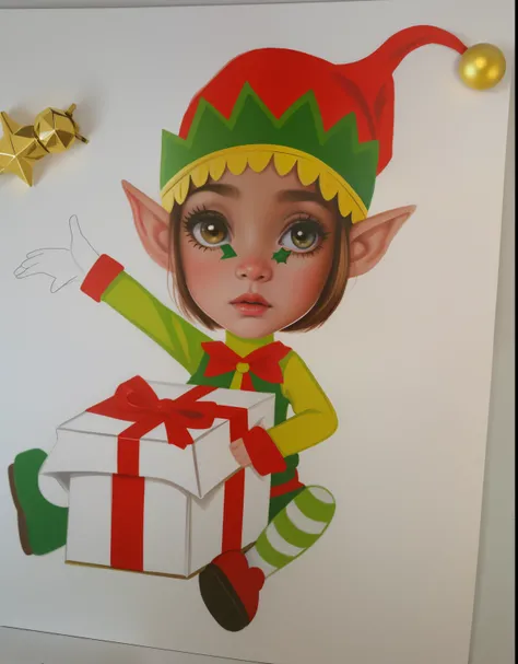 Painting of a baby elf with a Christmas gift on a white background...., a las once, por una vez, Elfpunk, Una vez con traje, Un retrato de una vez, Una vez, Elfos, little eleven, cara mostrando, Una vez de la maquina, Imagen de la cara, Adolescente Elfo Ch...