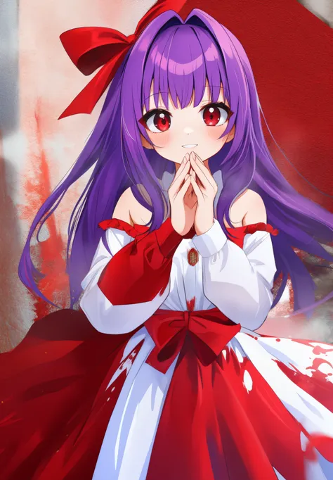 red bow in the hair, girl, purple hair, red and white dress, holes for eyes, red eyes, horror, bloody hands ,bloods, blood splas...