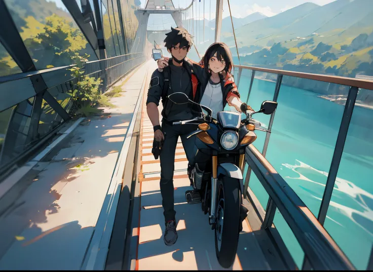 there is a man and woman standing on a bridge with a motorcycle, connected with hanging bridge!!, on a bridge, riding on the road, on a road, taken on go pro hero8, hanging bridge!!, standing on a bridge, shot on gopro9, 8k selfie photograph, without helme...