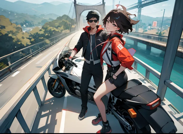 there is a man and woman standing on a bridge with a motorcycle, connected with hanging bridge!!, on a bridge, riding on the road, on a road, taken on go pro hero8, hanging bridge!!, standing on a bridge, shot on gopro9, 8k selfie photograph, without helme...