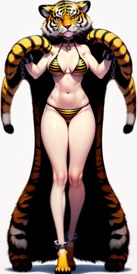 ((WHITE BACKGROUND)) full body standing straight symmetrical looking to the camera woman wearing a yellow tiger bikini tiger paws, choker on neck, shackles on legs and arms, tiger face