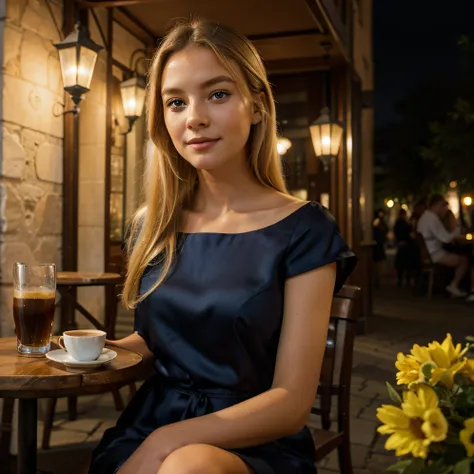 handsome girl, blond hair, blue eyes, The silk black dress gracefully fits her chic figure. A girl sits at a table near a cafe, with a cup of coffee and cake, A slight smile on his face. such a place, like Provence in France, night time, Soft light lantern...