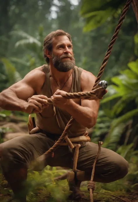 A photo of bob using a makeshift slingshot to fend off a small dinosaur thats getting a little too curious.,Ark survival evolved,bob is a neanderthal looking man who carries primative tools and wears only a loincloth. he is strong from surviving on an isla...