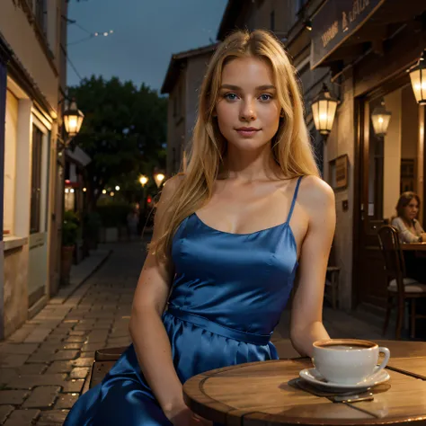 handsome girl, blond hair, blue eyes, the silk blue dress gracefully fits her chic figure. A girl sits at a table near a cafe, with a cup of coffee and cake, A slight smile on his face. such a place, like Provence in France, night time, Soft light lanterns...