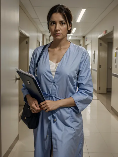 Female Doctor, about 35 years, in a medical gown with documents in hands, close-up standing against the backdrop of a hospital corridor, topquality, high detail, hyper realisitc, Hyperreal photo of, cinematic quality, high detail,