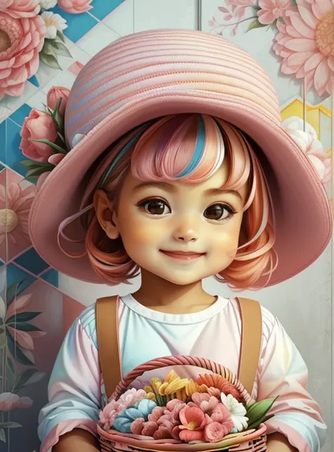 ((|) (cute baby girl with pink hat smiling with a basket of flowers) stylized identical to 1940 |)), acolchoamento ,multidimensional geometric wall PORTRAIT, arte, Chibi,
Yang016K, lindo,(( Predominant red coloration ,rosa e branco))
Primary works, qualida...