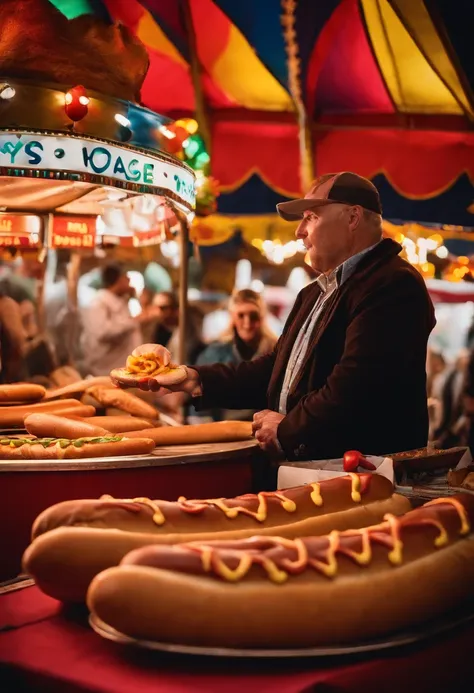 Hotdogfingers at a local carnival, attempting to win a giant stuffed hot dog,original,He’s a middle aged man who is balding but the star of the show is that his fingers are hot dogs , male