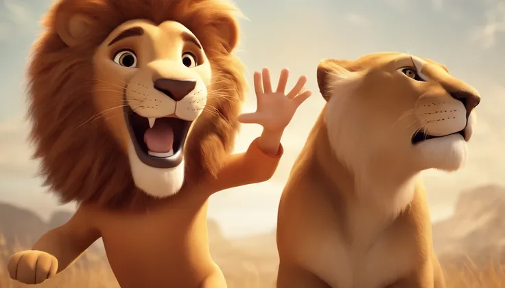 A happy boy of Jesus Christ playing and ruining with a lion, white background, barnet, tone, Pixar style, ..3d, cartoon, detailed face, asymmetrical 16k