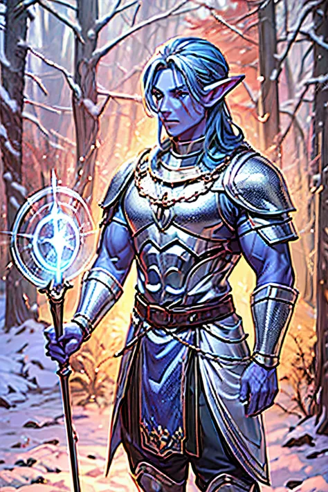 (best quality,4k,8k,highres,masterpiece:1.2) ultra-detailed, male, elf, blue skin ,autumn, wizard, chain mail armour, enchanted ...