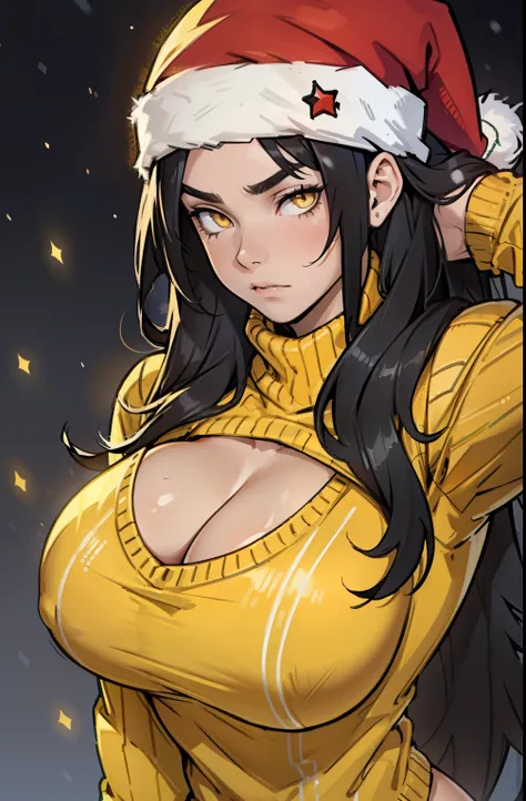 solo, (((1 girl))), very long hair, black hair, yellow eyes, ((muscular)), huge tits, pale skin, slick hair, (christmas sweater) close up santa hat sad