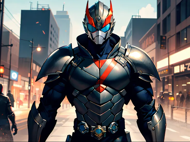 Make a warrior with red black and white metal hero kamen rider style armor with an abstract dragon symbol on his chest, 16k, estilo manga, estilo cinema, cores quentes, contraste e brilho perfeito destacando o personagem, chamtiva, atraenta ao publico, e e...