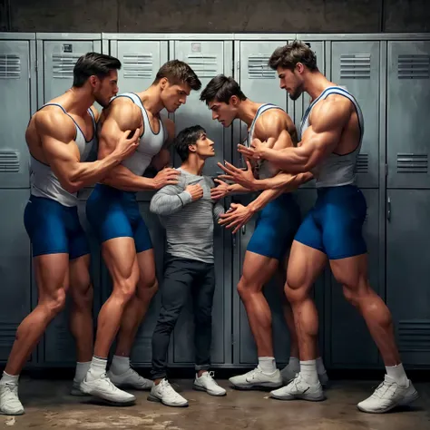 there are four very very tall very fit swedish athletes in blue trunks standing in front of lockers, athletic tall handsome guys...