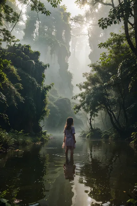 little adventurer girl，river in the fog, mystical forest lagoon, dreamy scene, indonesia national geographic, in a serene landsc...