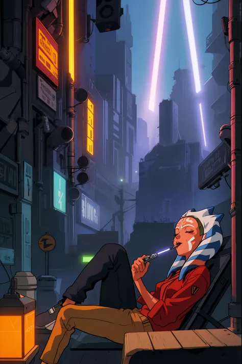 warm neon glow lights  citypop jdm scene with a underground tokyo  ahsoka_tano, orange skin, facial mark, tattoo with lightsaber...