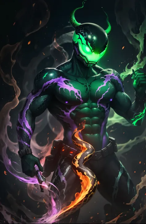 snake glowing green eyes, purple venom, skin on fire --auto --s2