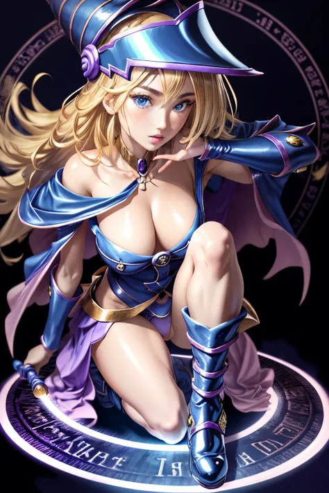 ultra-detailed, extremely detailed, masterpiece, highest quality, best quality, absurdres, highres, dark magician girl, (1girl:1.2), solo, detailed face, dynamic pose, hair flow, (full body:1.1),  blonde hair, long hair, looking at viewer, green eyes, skin...