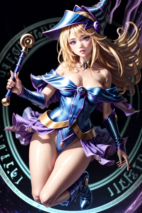 ultra-detailed, extremely detailed, masterpiece, highest quality, best quality, absurdres, highres, dark magician girl, (1girl:1.2), solo, detailed face, dynamic pose, hair flow, (full body:1.1),  blonde hair, long hair, looking at viewer, green eyes, skin...