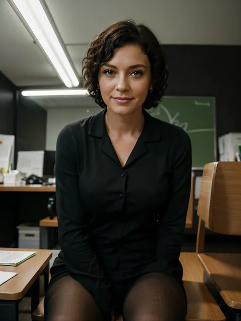 Young woman about 45 years old., Businesswoman, black short curly hair, Green eyes, A slight smile on his face, sitting in a relaxed position in the office at the table in the center of the composition, in a black business suit, topquality, high detail, hy...