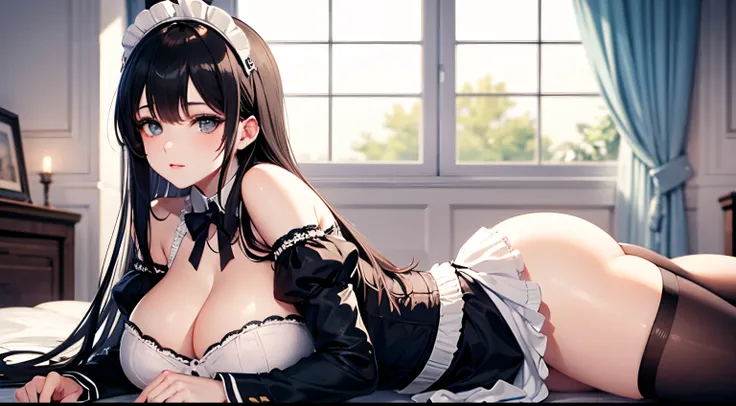 (huge breasts), bare shoulder, ((masterpiece)), ((best quality)), cute girl, long hair, maid uniform