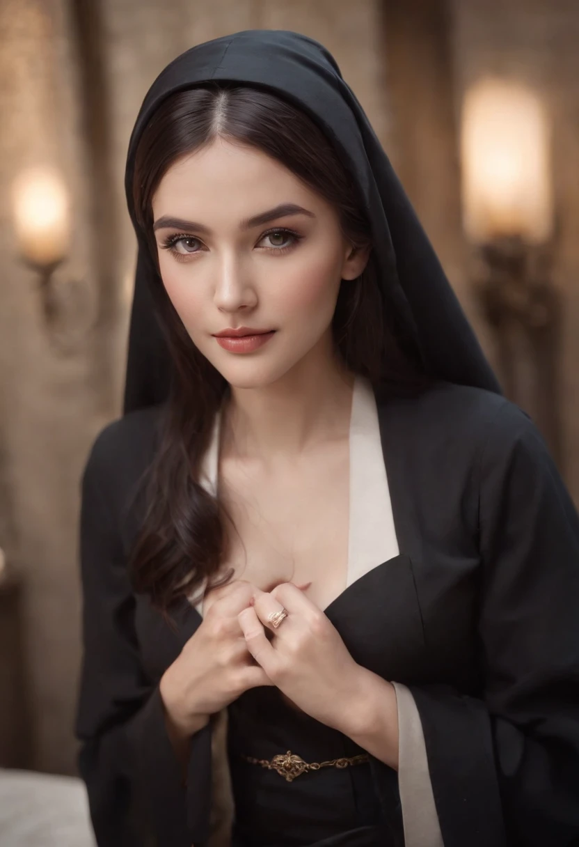 sexy nun,cross on her tits,bible in her hands,illustration,seductive pose,charming smile,beautiful detailed eyes,intense gaze,soft lips,long eyelashes,shiny black hair,rosy cheeks,fair skin,flowing robe,golden cross pendant,soft lighting,vivid colors