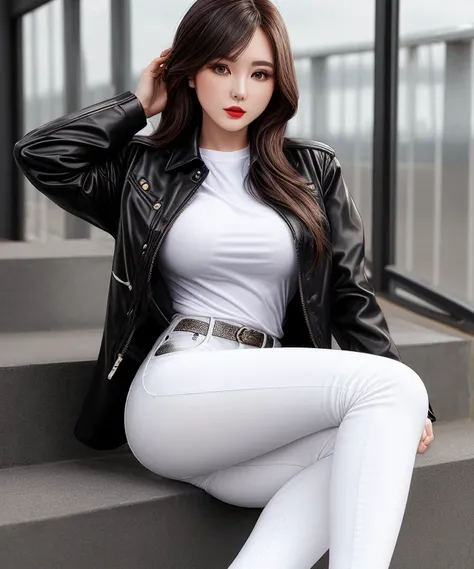 Woman on high-sole boots, black latxer jacket, white t-shirt, tights jeans, stand