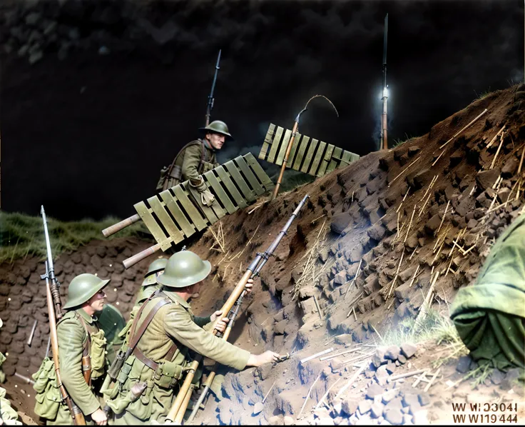 there are two men in the trench with their weapons, ww1 trench, colourised, colourized, trench warfare, trenches bombs, award wi...