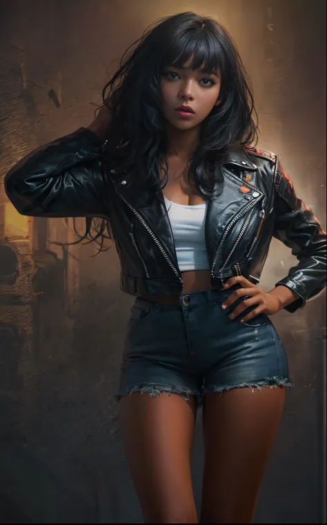 (best quality,8k,ultra-detailed,realistic,hyperrealistic), extremely detailed photo of a (((20 year old))), black girl, (((full body pose))), long black hair with bangs, open leather jacket covering nipples no shirt no bra, black pantyhose, vivid colors