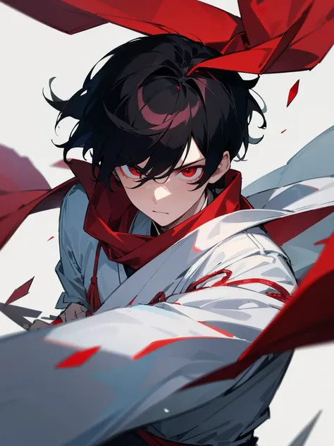 1 boy, with short black hair, red eyes, wearing white chinese clothing, tie a red ribbon as a scarf, serious, surrounded by brok...