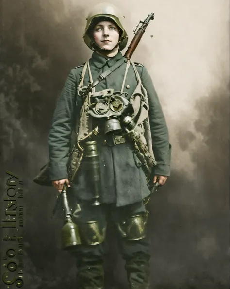 arafed soldier in uniform with gas mask and gas can, wearing russian ww 1 clothes, infantry girl, inspired by adolf dietrich, ru...