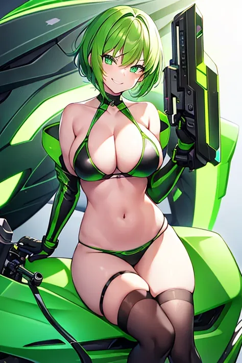 1girl, large breasts, wide hips, green hair, very short hair, short hair, green eyes, bikini, black bikini, neon trim, green neon trim, smile, smirk, smug, futuristic, science-fiction, tech, machinery, shoes, sneakers, motorcycle, motor vehicle, green neon...