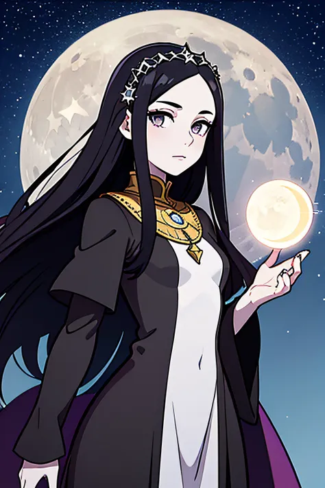 Beautiful noble lady, pale skin, gray eyes, long black hair, fantasy, moon and star symbols on clothing, simple medieval dress, portrait, night background with stars in the sky and the moon crescent, small breasts