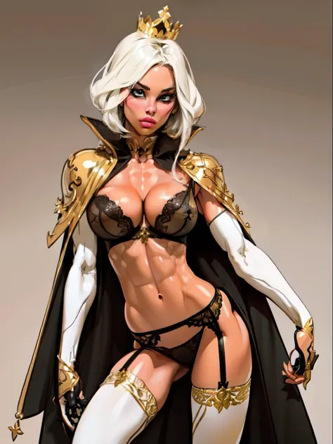 Buzz cut , perfect anatomy 1 girl tall solo, ((black skin:1.3)), slim thick,  colored skin, ((muscular)) high dark elf toned body, silver pasties on breasts, ((small breasts:1.4)), metal silver cape, slendered abs, ((garter belt on hips)), midriff exposed,...