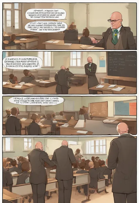 The image is of a teacher standing in front of a classroom, writing on the blackboard and interacting with students.,original,Jonny Sins is the adult film star with a bald head. , male