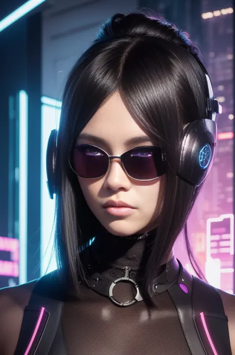 a woman with sunglasses and a headband in front of a futuristic background, cyberpunk art inspired by rossdraws, trending on Artstation, afrofuturism, 8k stunning artwork, beautiful cyberpunk girl face, cyberpunk eye wear, the cyberpunk girl portrait, cybe...